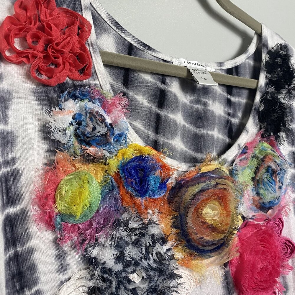 Feratelli Tie-Dye Floral Embellished Tunic Top XL - Bohemian Art-to-Wear